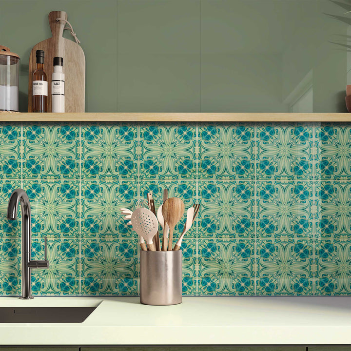 SALE - Set of 4 x 10.8cm Blue Green Vintage Botanical Tiles - Perfect