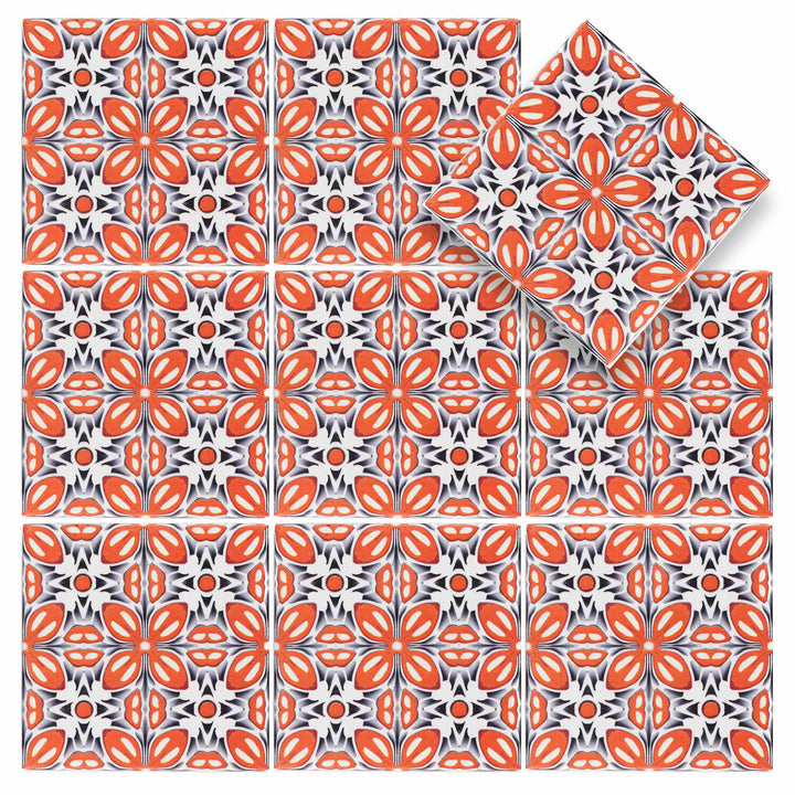 SALE SET of NINE  20x20cm Orange Fox Flower tiles -  FIRED INK Version