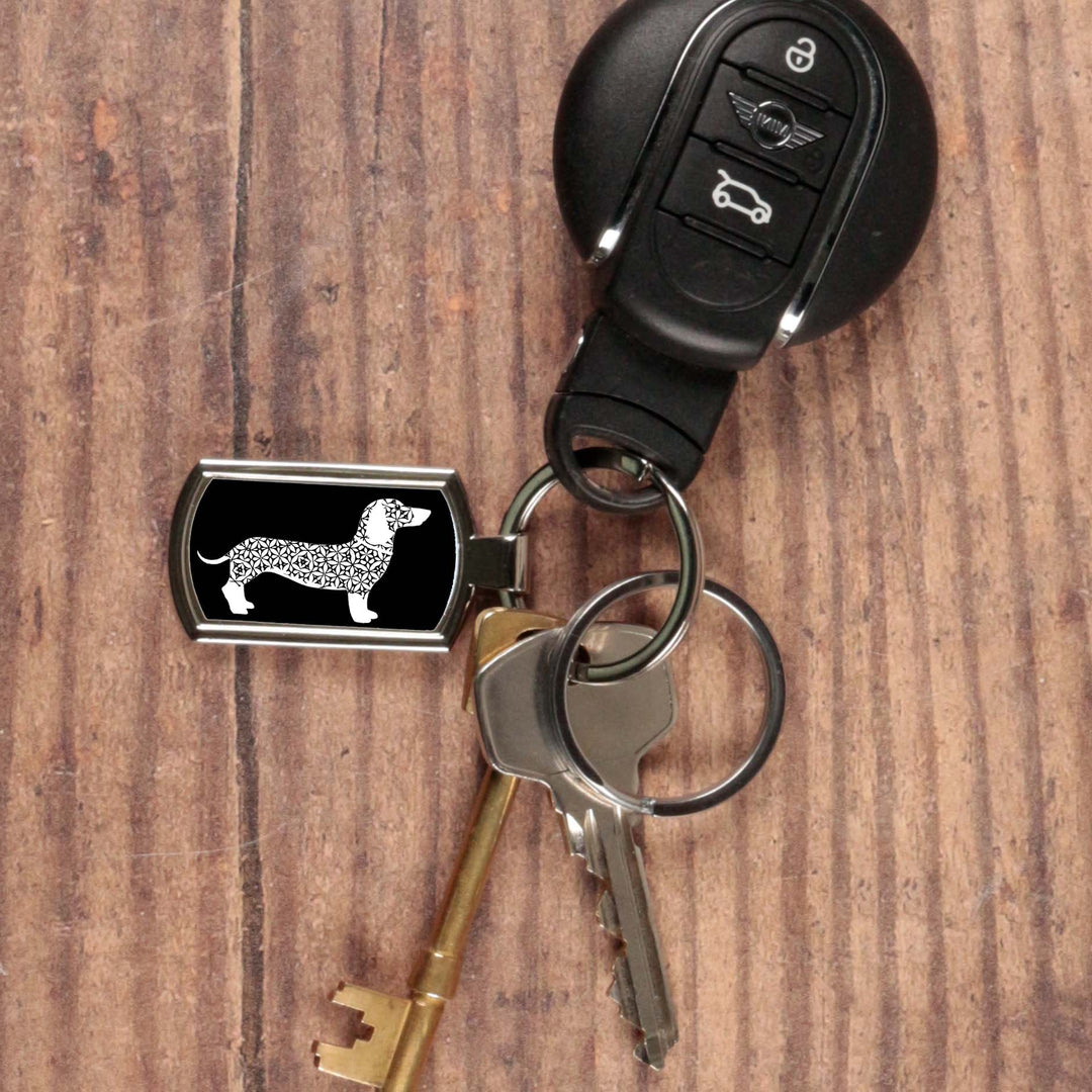 White Dachshund Dog on Black Keyring