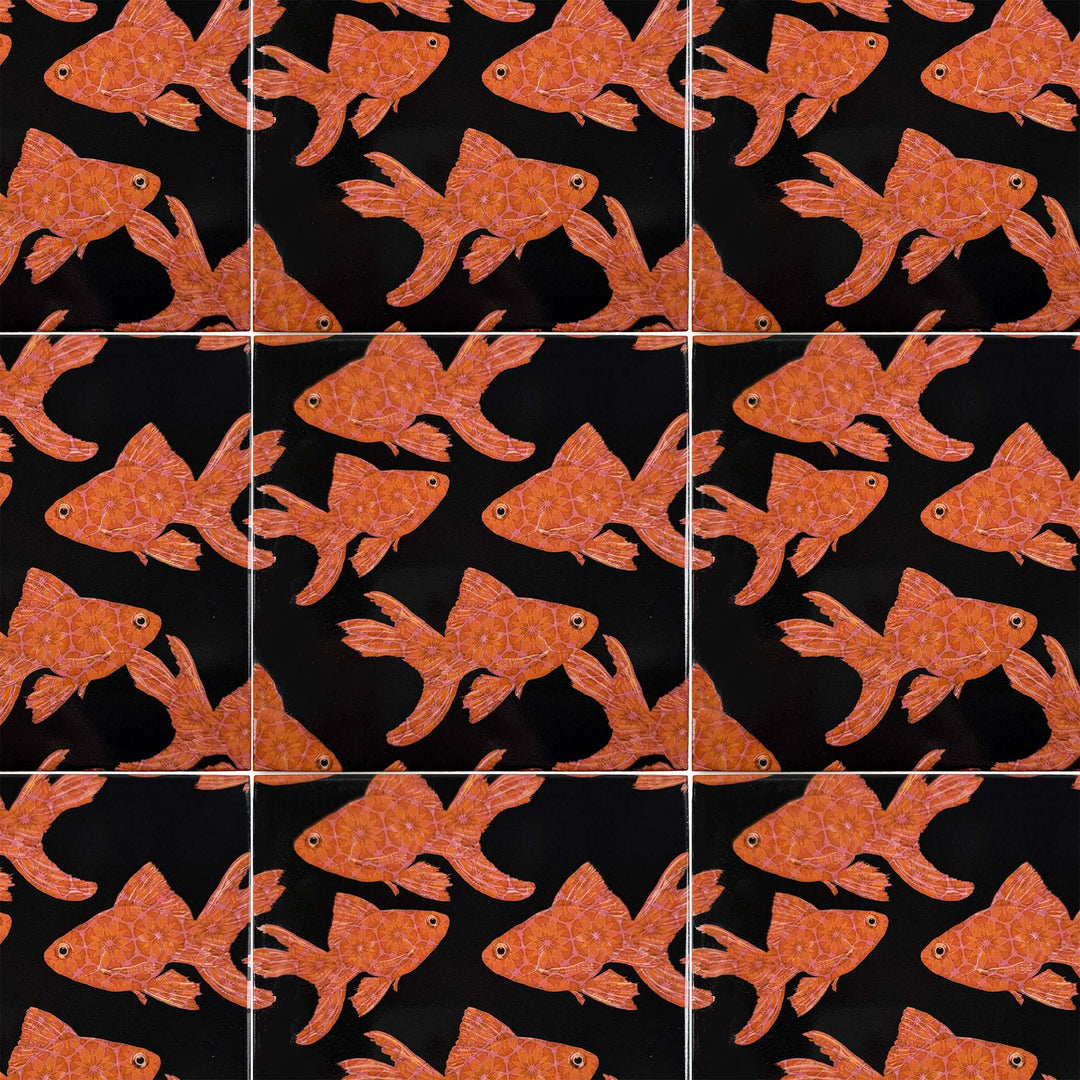 Goldfish on Black tile - Standard Scale - FIRED INK Version