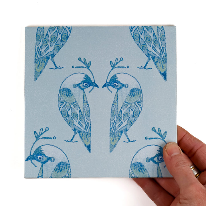 Lovebirds Tile - Aqua -  FIRED INK Version