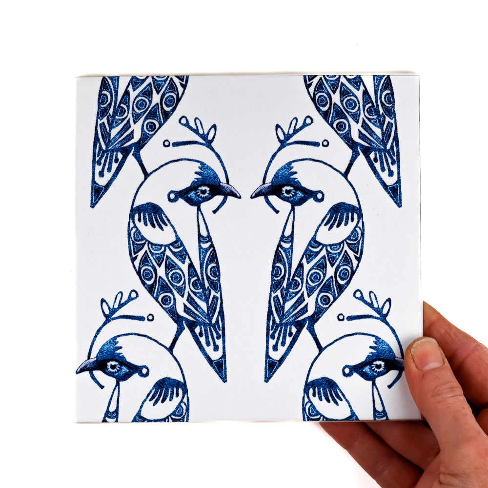 Lovebirds Tile - Blue &amp; White -  FIRED INK Version