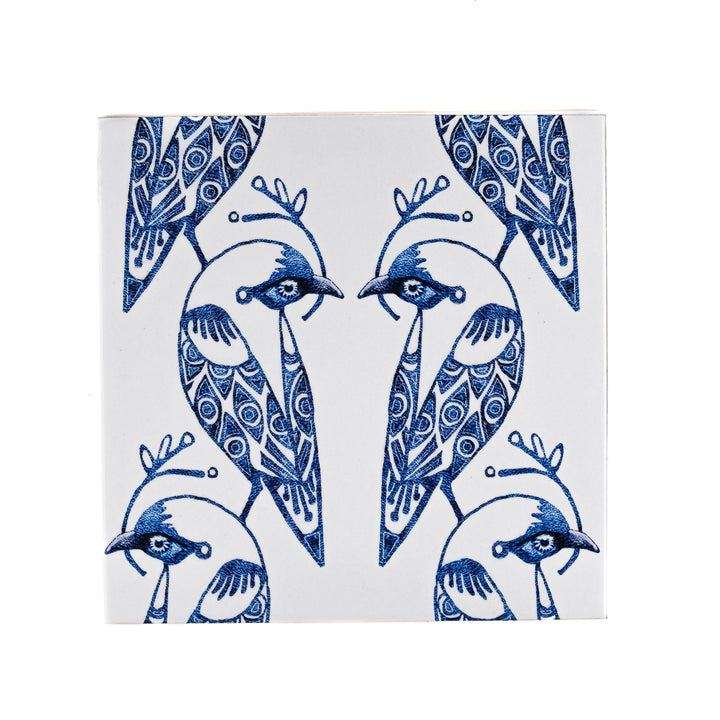 Lovebirds Tile - Blue &amp; White -  FIRED INK Version