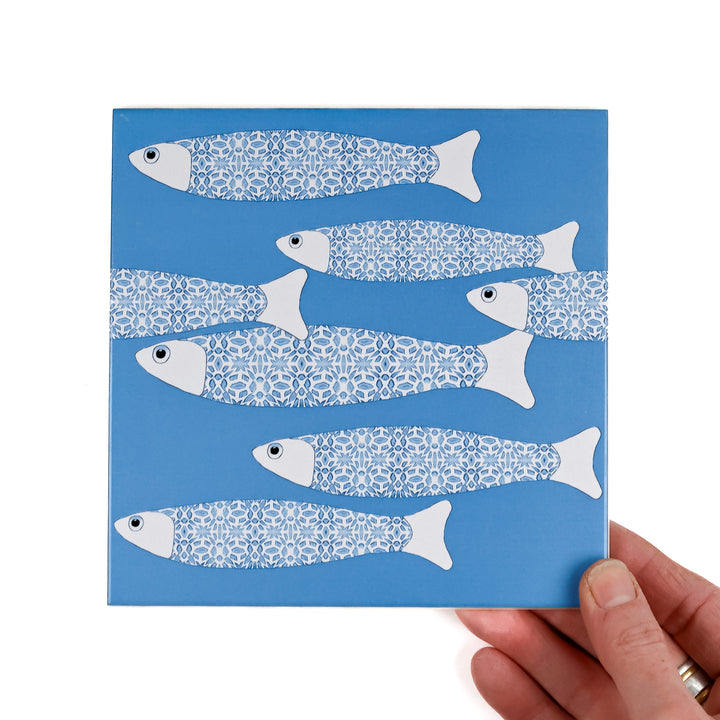 Ocean Shoal tile - Mid-blue BORDER - FIRED INK Version