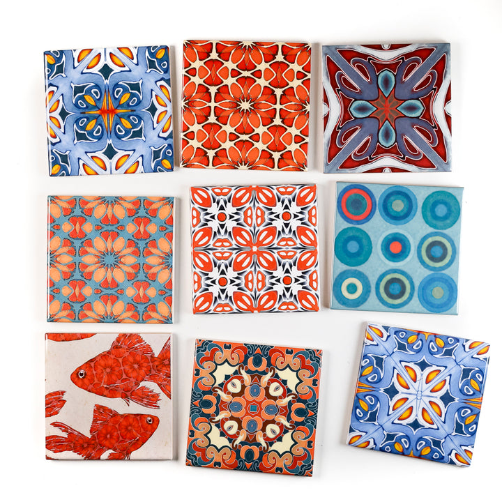 SALE SET of 9x 10cm FIRED INK Tiles - Mixed Designs (as shown)
