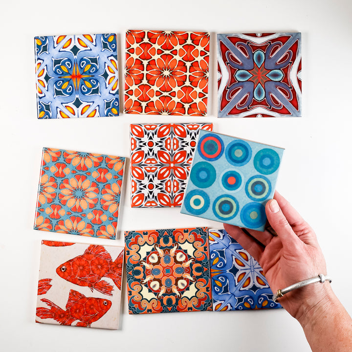 SALE SET of 9x 10cm FIRED INK Tiles - Mixed Designs (as shown)