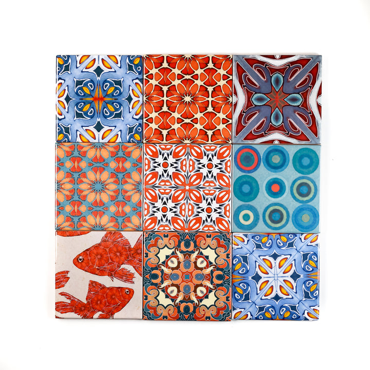 SALE SET of 9x 10cm FIRED INK Tiles - Mixed Designs (as shown)
