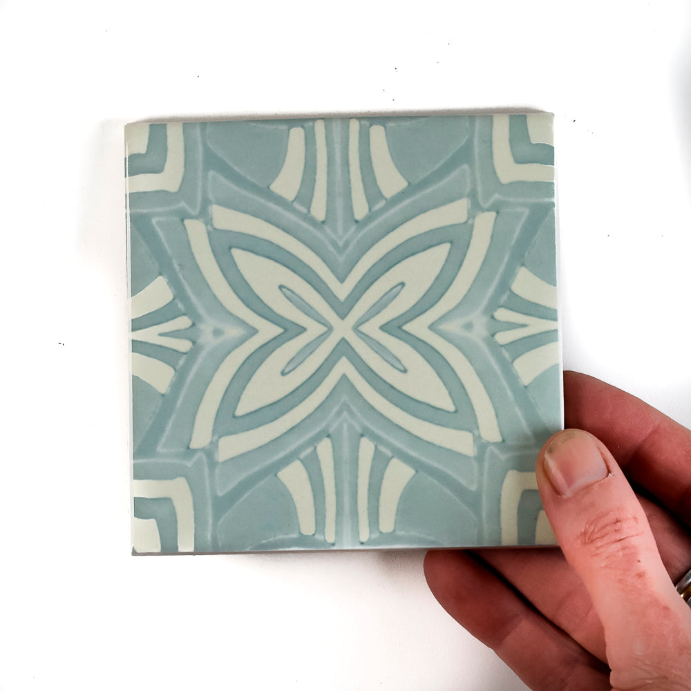 SALE SET of 3x Pale Blue Aqua Star design - 10cm tiles -  FIRED INK Version