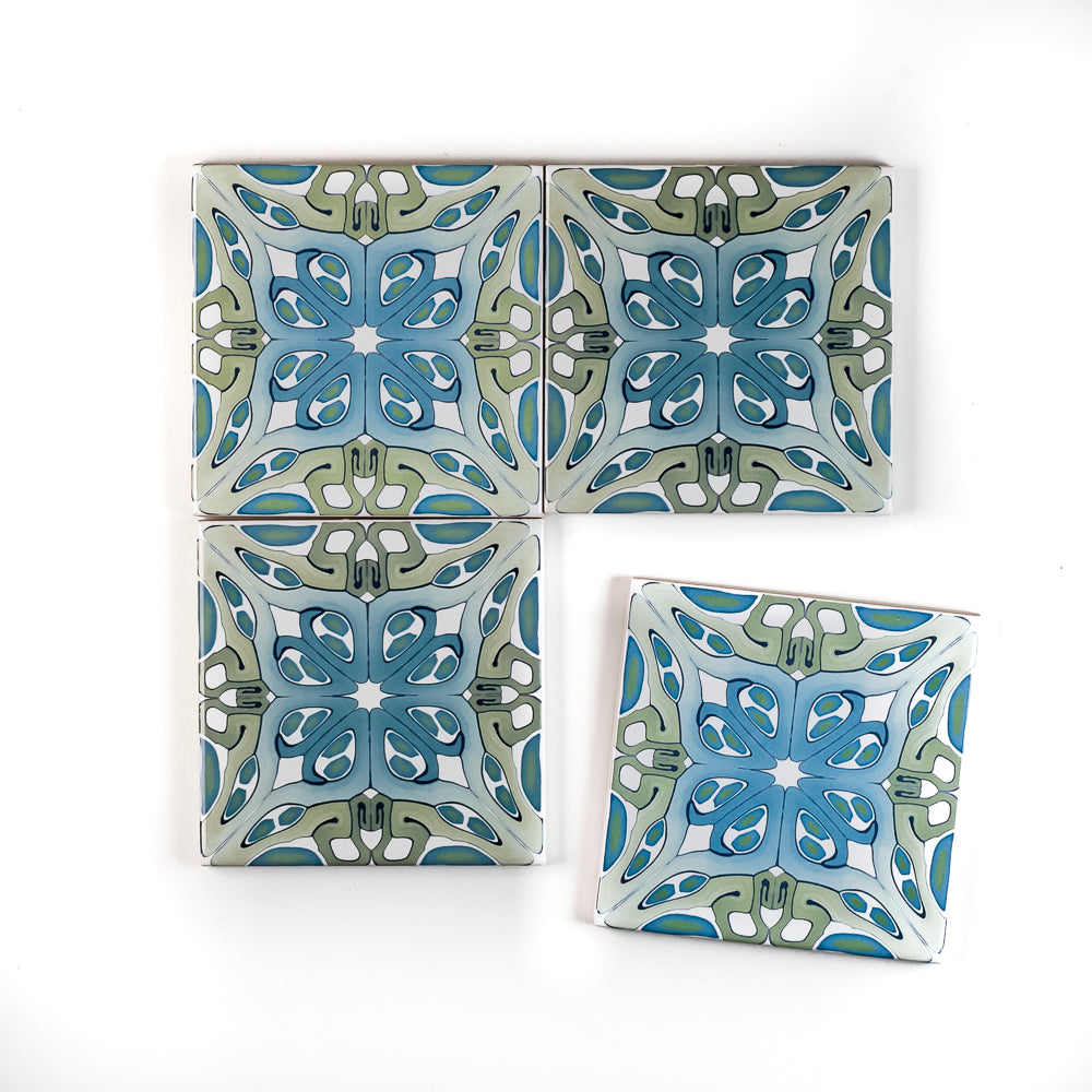 SALE SET of 4x Grey/Blue "Suzanne" - 10cm tiles -  FIRED INK Version