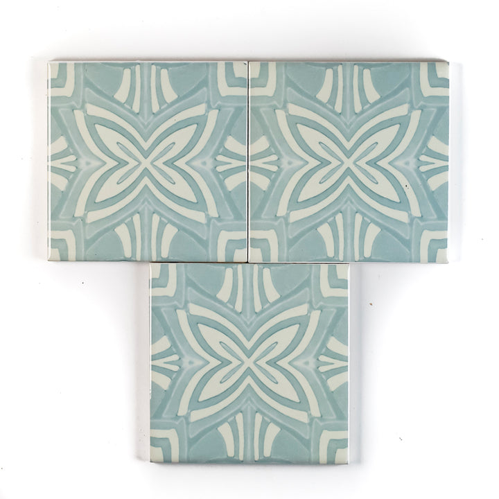 SALE SET of 3x Pale Blue Aqua Star design - 10cm tiles -  FIRED INK Version