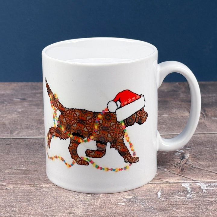 Christmas Labradoodle mug - chocolate/brown dog with hat &amp; fairy lights