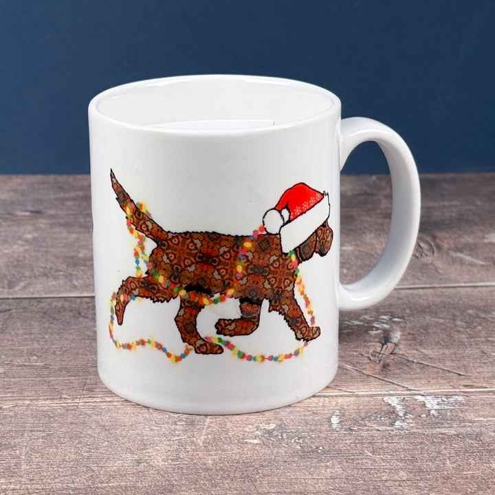 Christmas Labradoodle mug - chocolate/brown dog with hat &amp; fairy lights