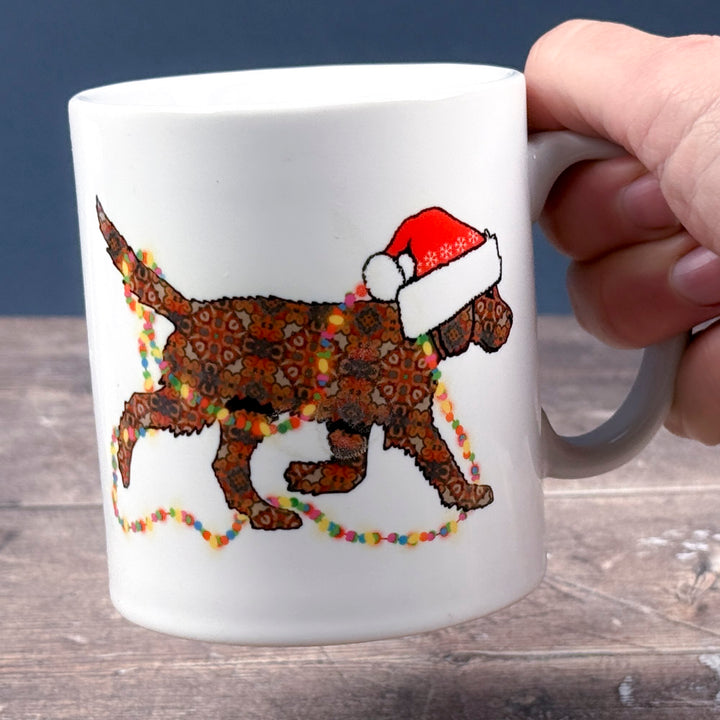 Christmas Labradoodle mug - chocolate/brown dog with hat &amp; fairy lights