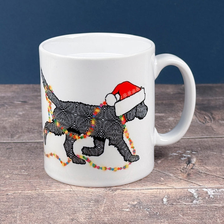 Christmas Labradoodle mug - black dog with hat &amp; fairy lights