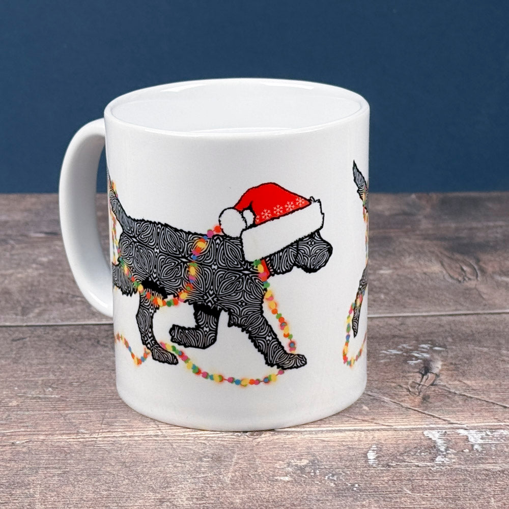 Christmas Labradoodle mug - black dog with hat &amp; fairy lights
