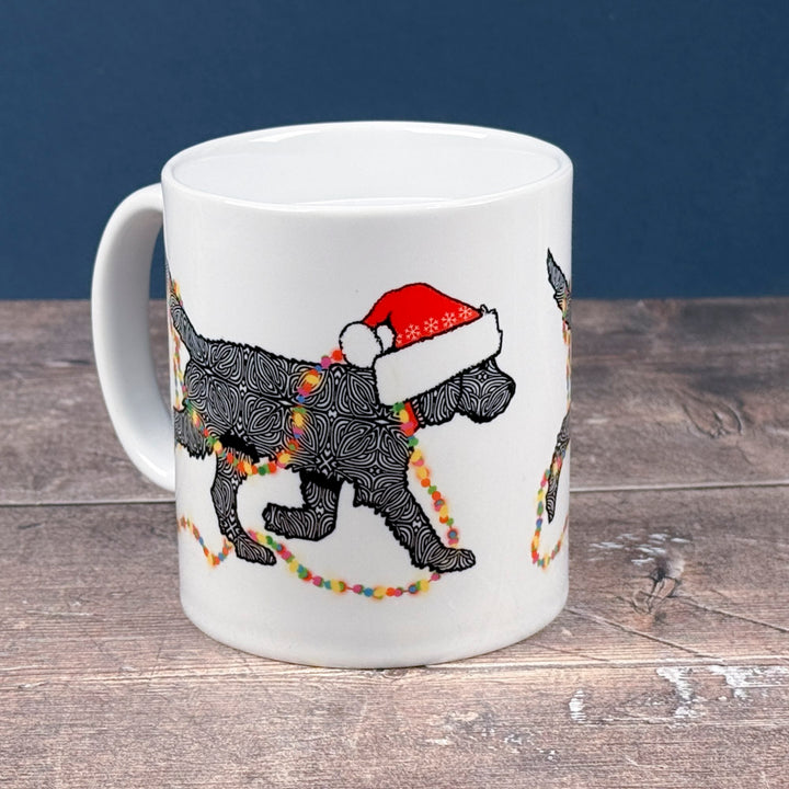 Christmas Labradoodle mug - black dog with hat &amp; fairy lights