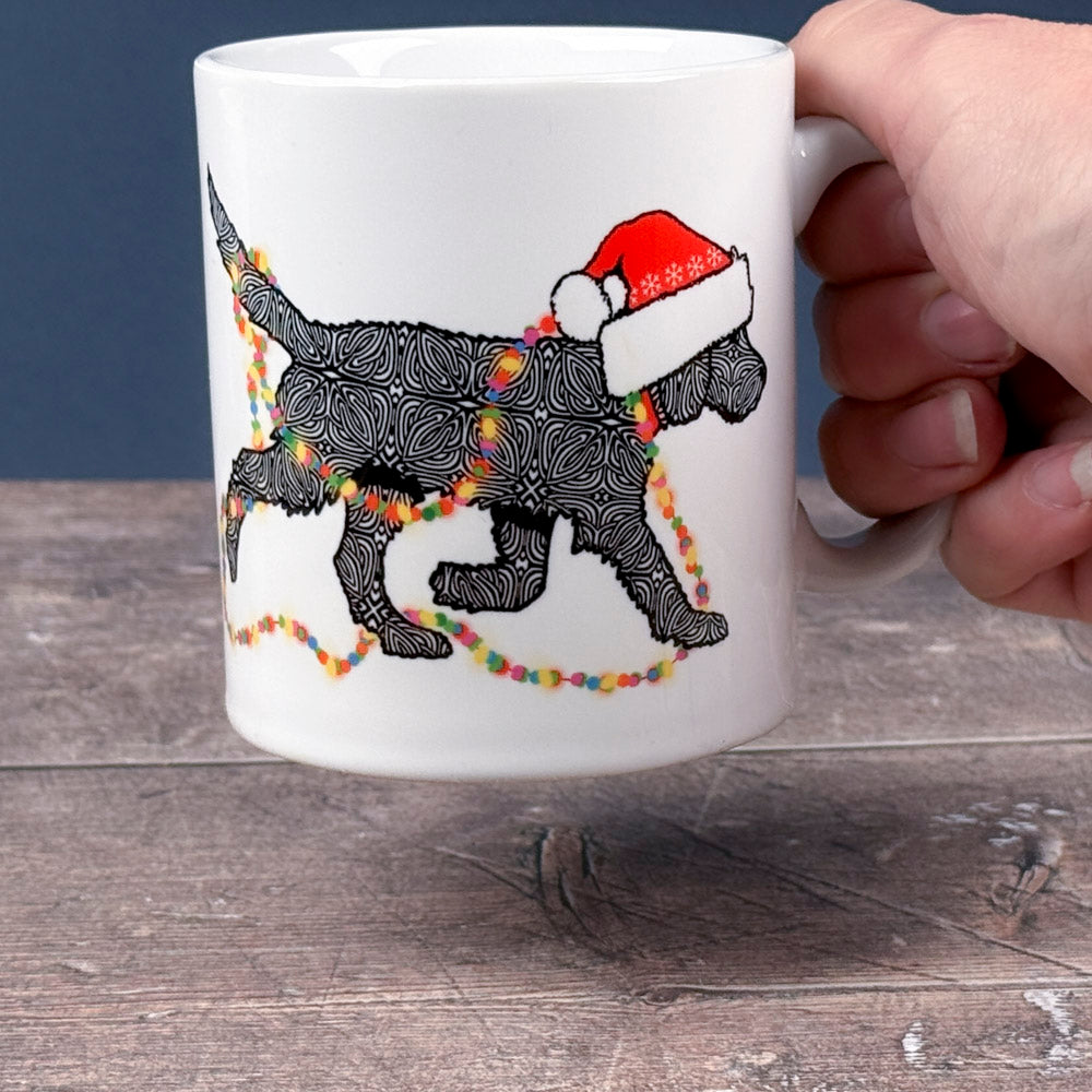 Christmas Labradoodle mug - black dog with hat &amp; fairy lights