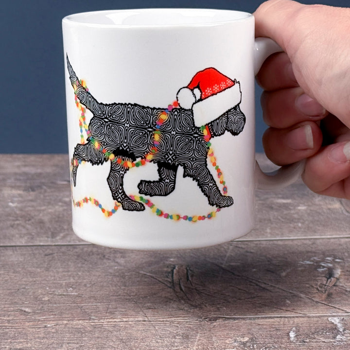 Christmas Labradoodle mug - black dog with hat &amp; fairy lights