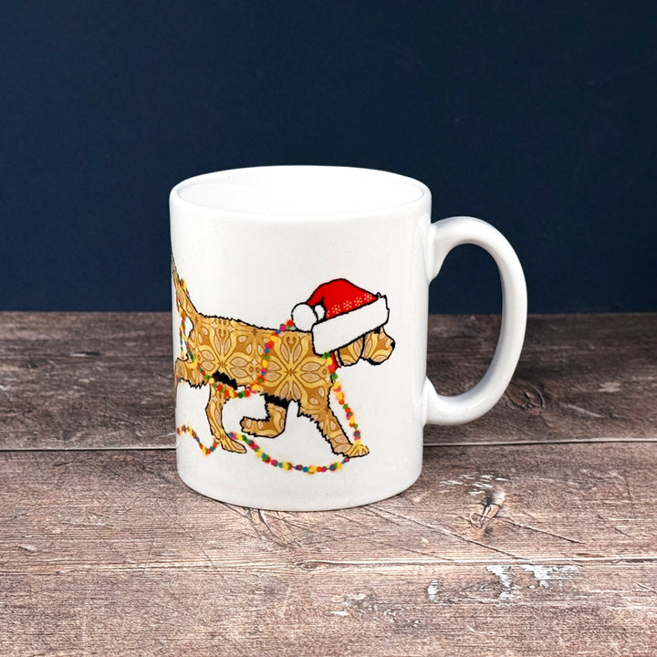 Christmas Labradoodle mug - golden/cream dog with hat &amp; fairy lights