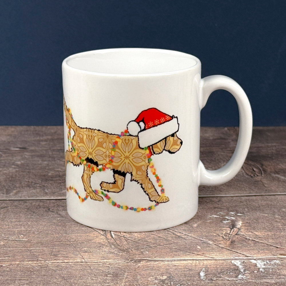 Christmas Labradoodle mug - golden/cream dog with hat &amp; fairy lights