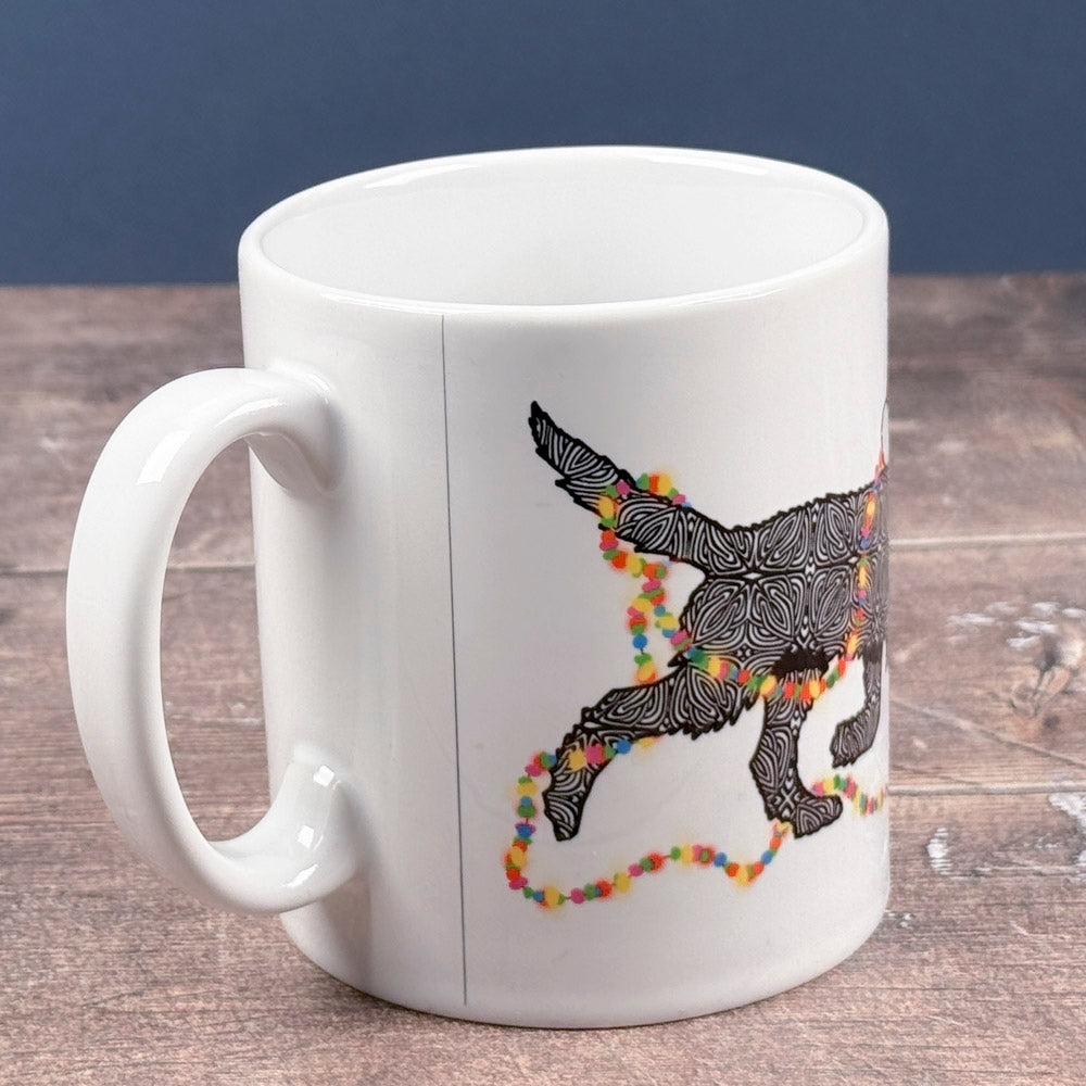 SALE - Christmas Labradoodle ceramic mug - black dog with hat &amp; fairy lights