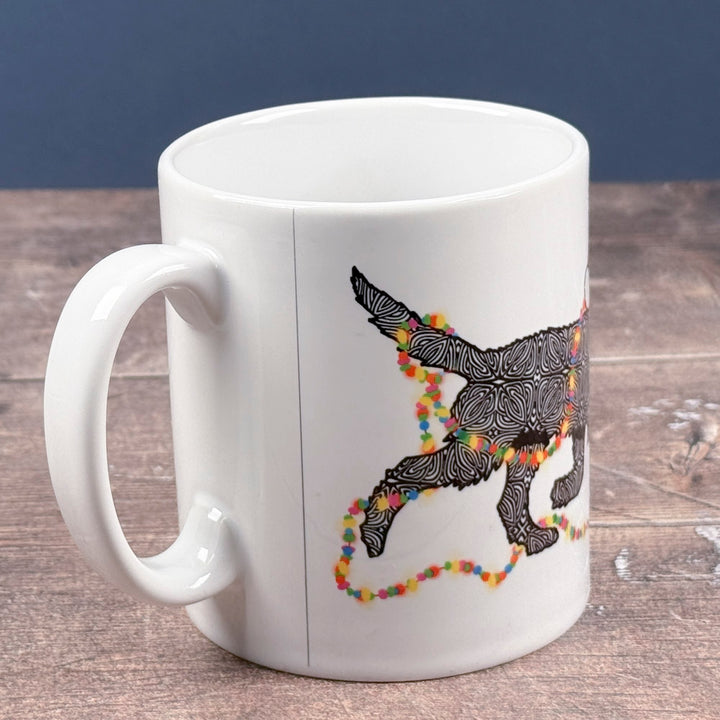 SALE - Christmas Labradoodle ceramic mug - black dog with hat &amp; fairy lights