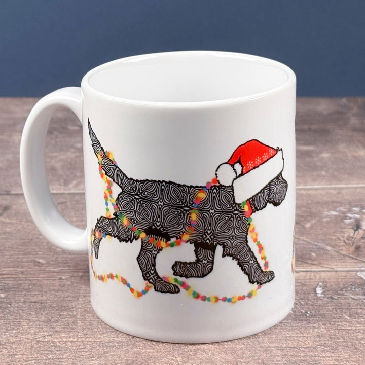 Christmas Labradoodle mug - black dog with hat &amp; fairy lights
