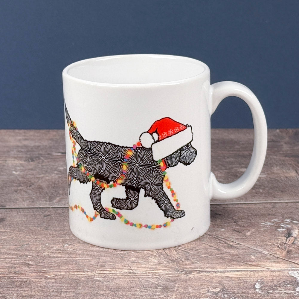 Christmas Labradoodle mug - black dog with hat &amp; fairy lights