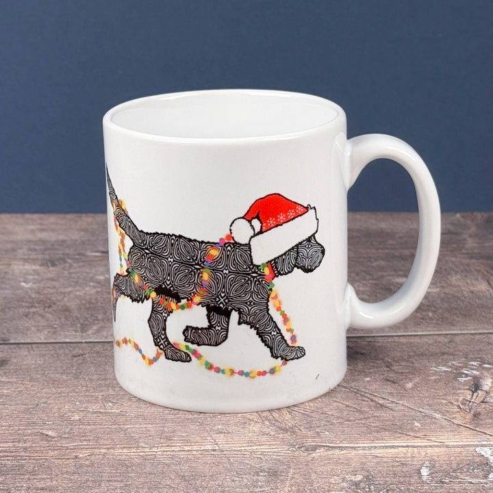Christmas Labradoodle mug - black dog with hat &amp; fairy lights