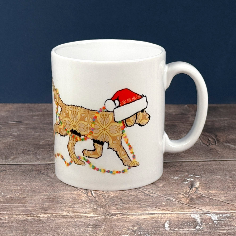 Christmas Labradoodle mug - golden/cream dog with hat &amp; fairy lights
