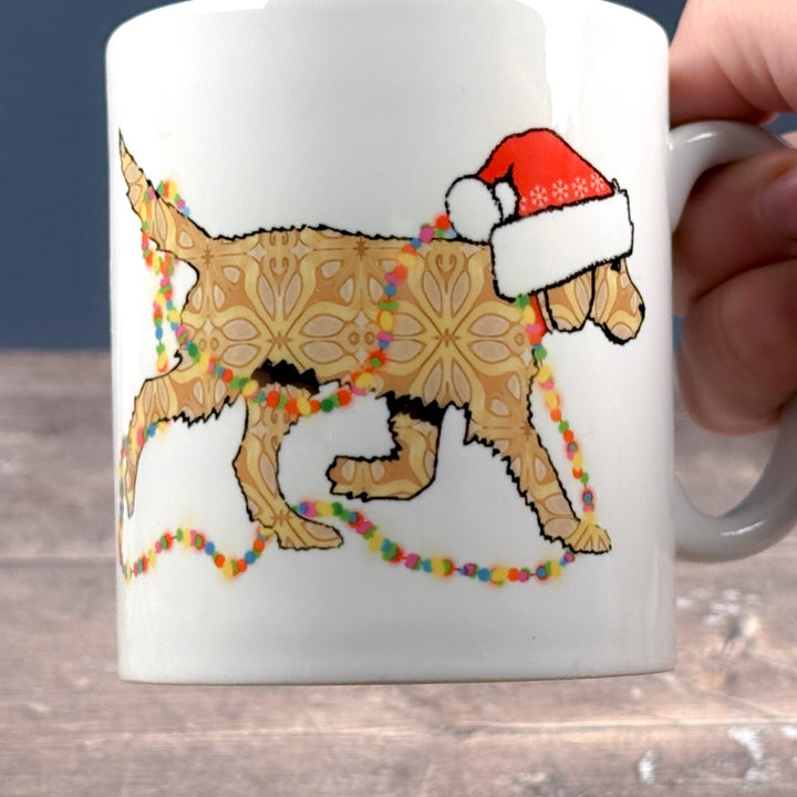 Christmas Labradoodle mug - golden/cream dog with hat &amp; fairy lights