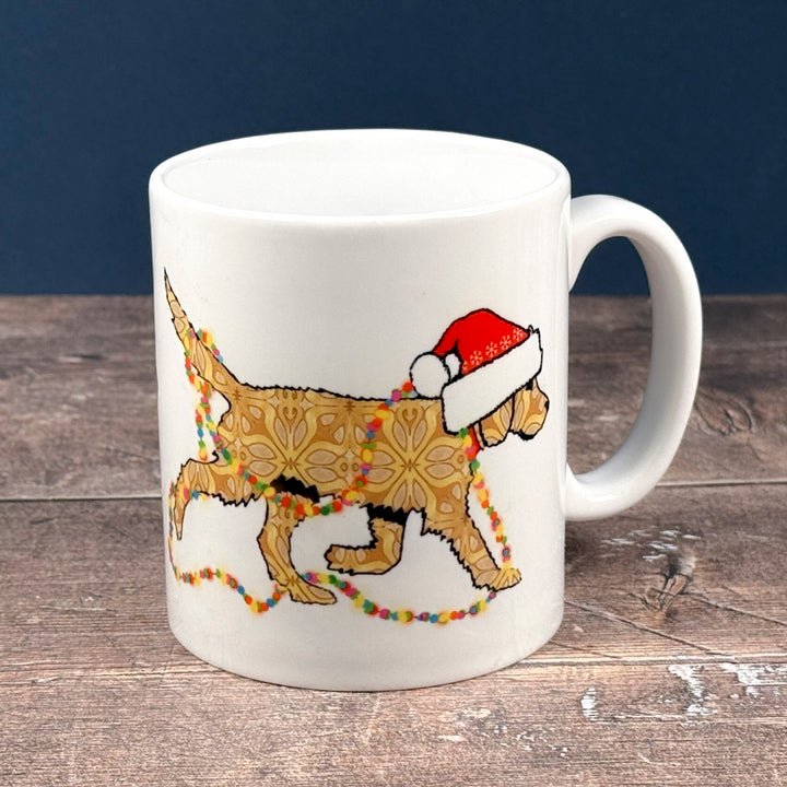 Christmas Labradoodle mug - golden/cream dog with hat &amp; fairy lights
