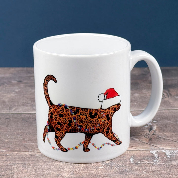 Christmas Cat mug - tortoiseshell cat with festive hat &amp; fairy lights