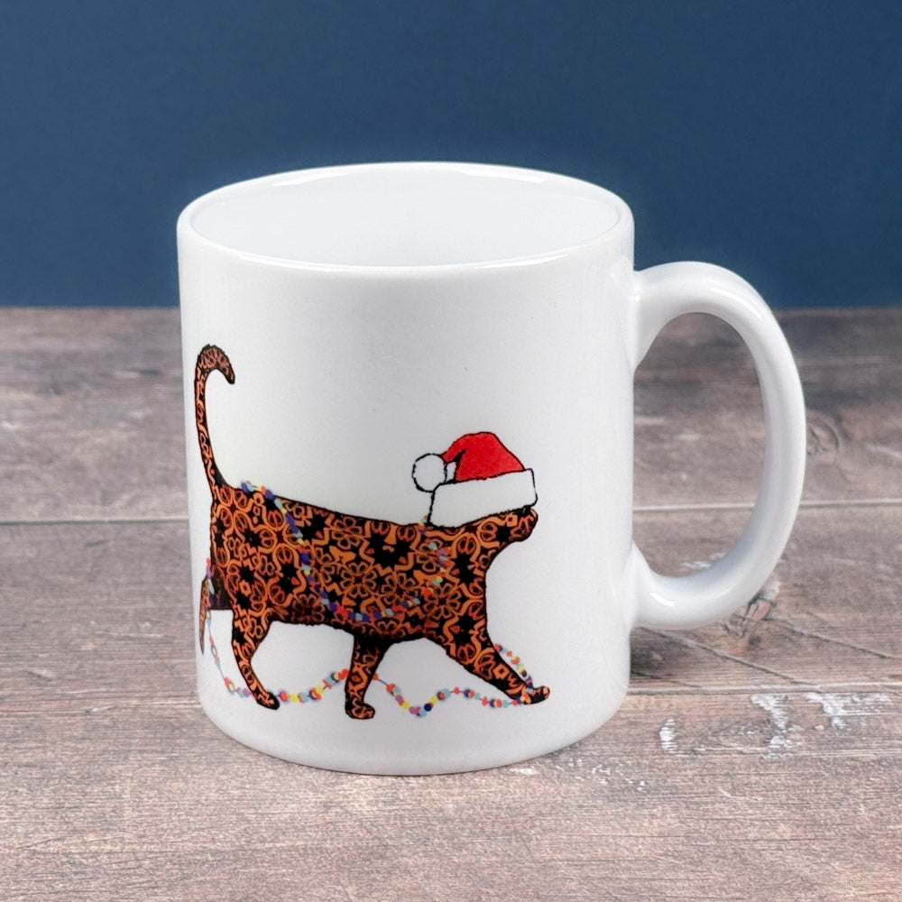 Christmas Cat mug - tortoiseshell cat with festive hat &amp; fairy lights