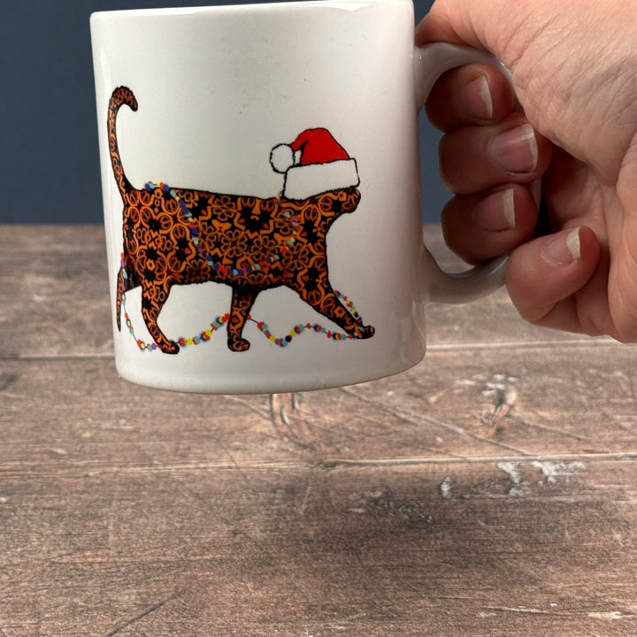 Christmas Cat mug - tortoiseshell cat with festive hat &amp; fairy lights