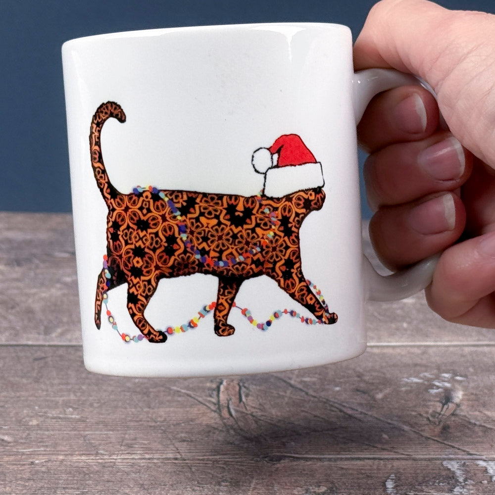Christmas Cat mug - tortoiseshell cat with festive hat &amp; fairy lights