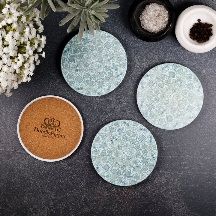 SALE : 4x Circular Ceramic Coasters Set (cork-backed) - Pomegranate Blue
