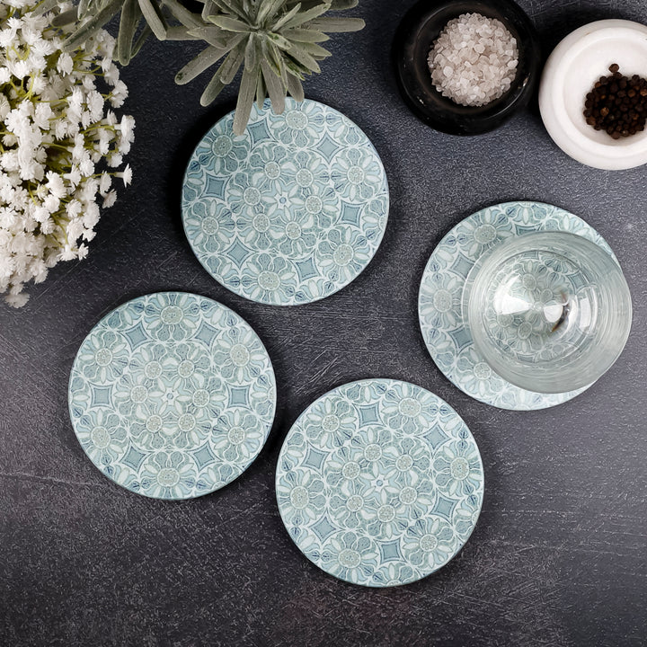 SALE : 4x Circular Ceramic Coasters Set (cork-backed) - Pomegranate Blue