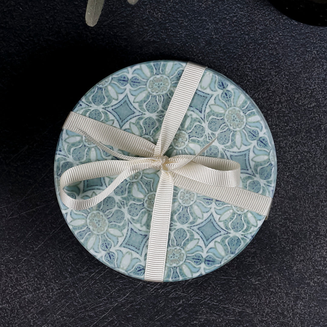 SALE : 4x Circular Ceramic Coasters Set (cork-backed) - Pomegranate Blue