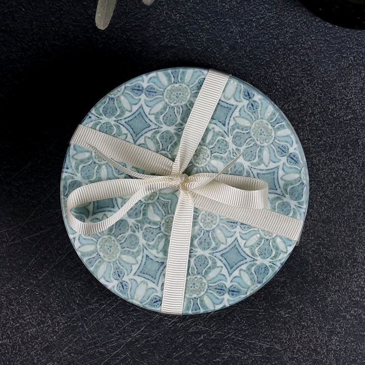 SALE : 4x Circular Ceramic Coasters Set (cork-backed) - Pomegranate Blue