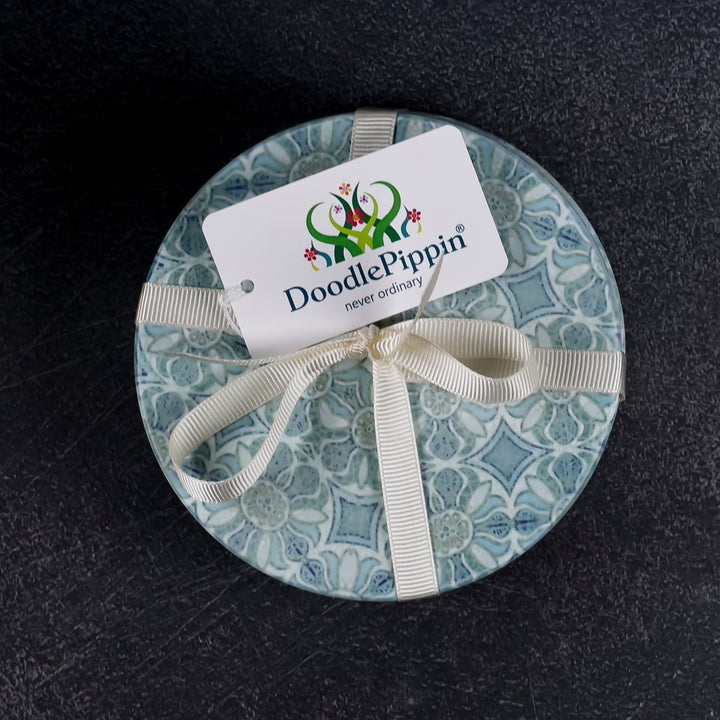 SALE : 4x Circular Ceramic Coasters Set (cork-backed) - Pomegranate Blue