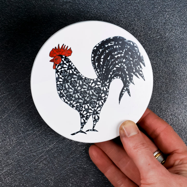 SALE : 4x Circular Ceramic Coasters Set (cork-backed) - Cockerels
