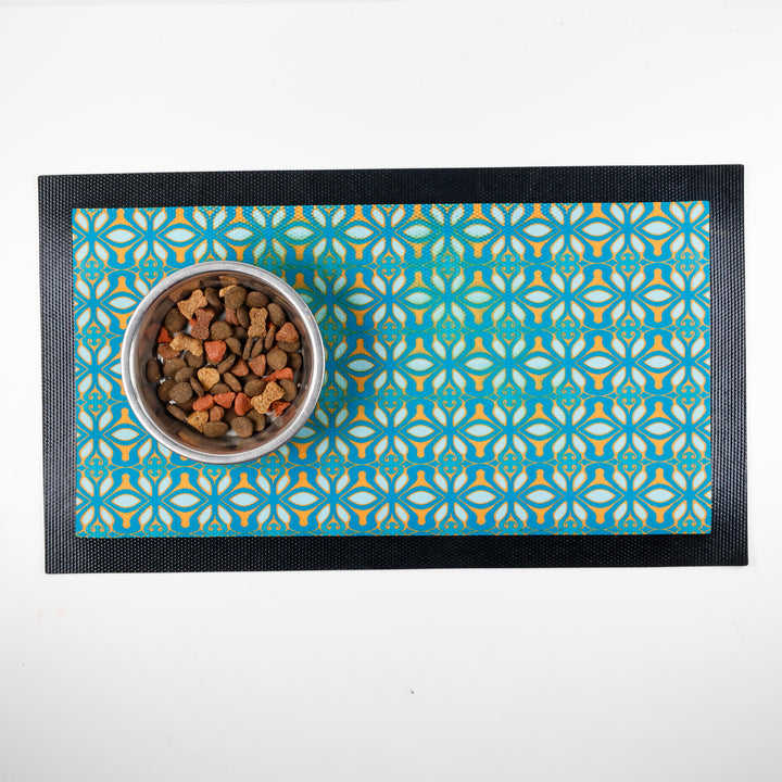 SALE SECOND - Turquoise Orange Moroccan Pattern Pet Food Mat