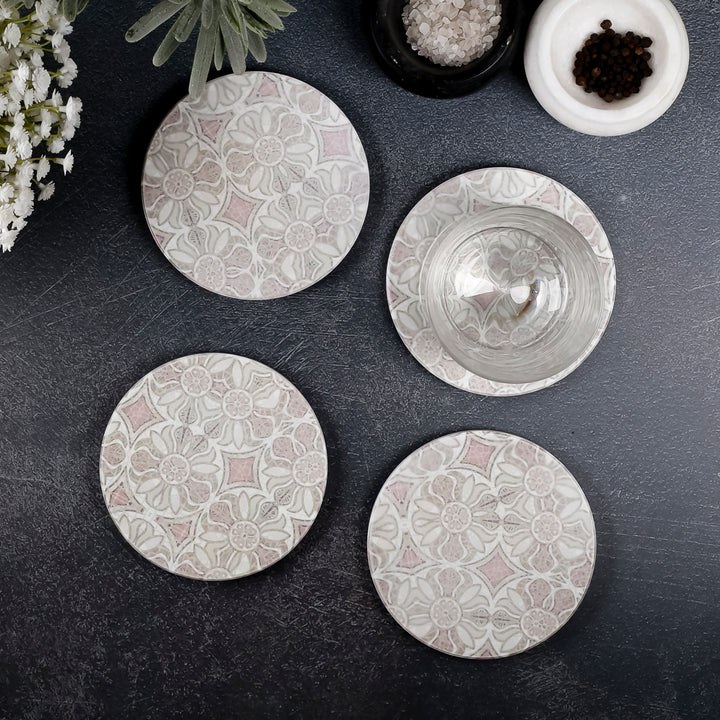 SALE : 4x Circular Ceramic Coasters Set (cork-backed) - Pomegranate Pink
