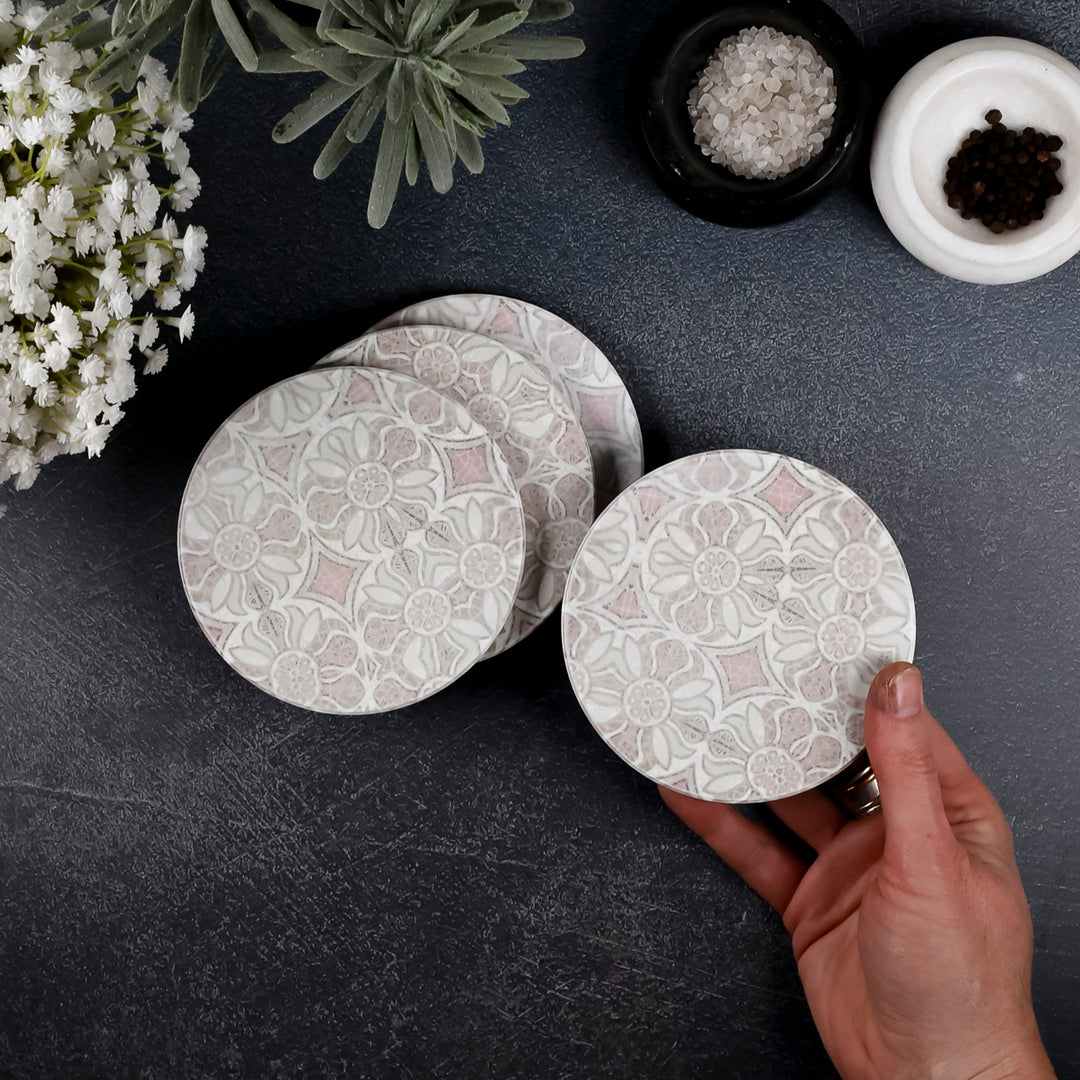 SALE : 4x Circular Ceramic Coasters Set (cork-backed) - Pomegranate Pink
