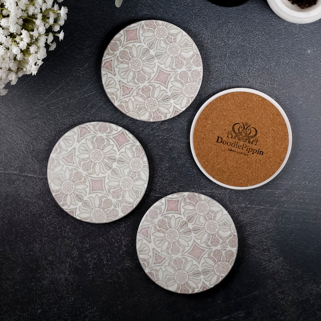 SALE : 4x Circular Ceramic Coasters Set (cork-backed) - Pomegranate Pink