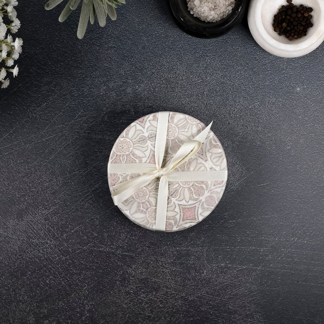 SALE : 4x Circular Ceramic Coasters Set (cork-backed) - Pomegranate Pink
