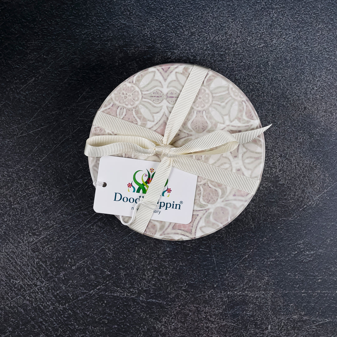 SALE : 4x Circular Ceramic Coasters Set (cork-backed) - Pomegranate Pink