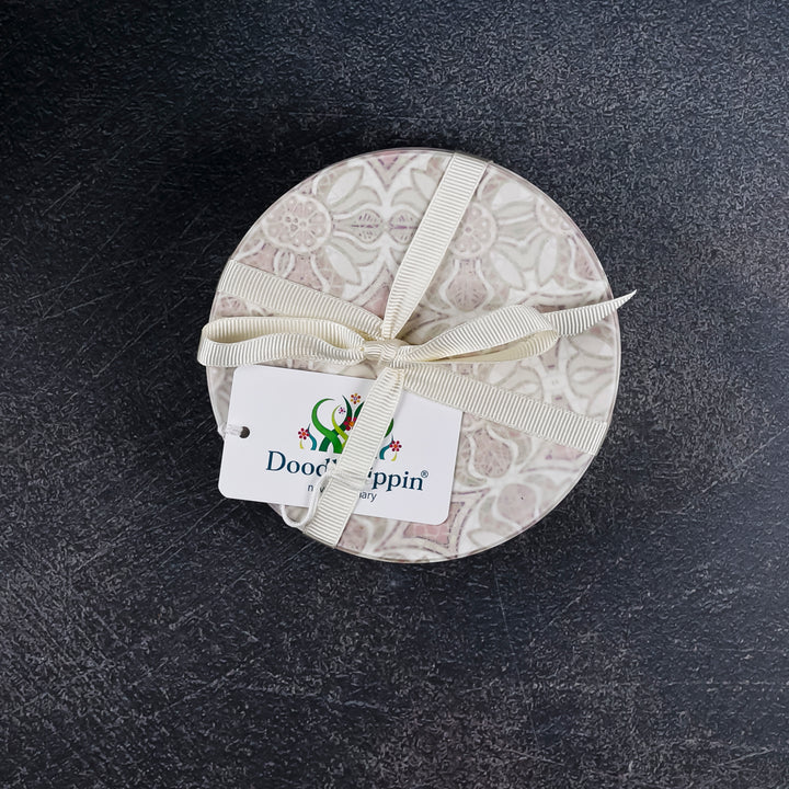 SALE : 4x Circular Ceramic Coasters Set (cork-backed) - Pomegranate Pink