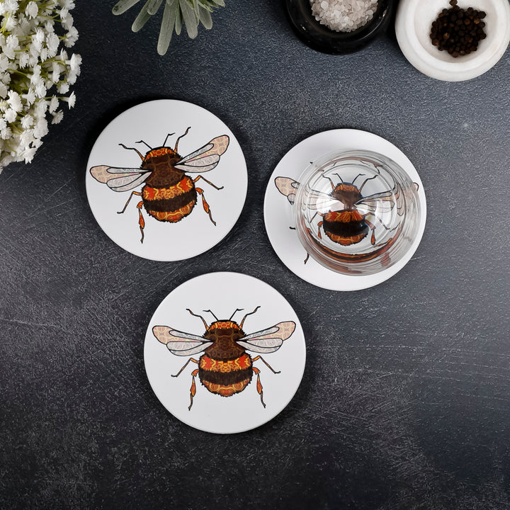 SALE : 3x Circular Ceramic Coasters Set (cork-backed) - BumbleBees